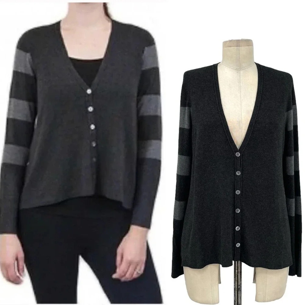 Eileen Fisher Striped Sleeve Button Down V-Neck Cardigan Sweater Size Medium